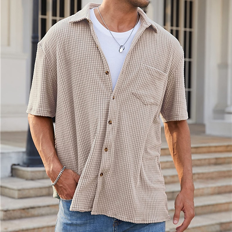 Men's Shirt Waffle Shirt Summer Shirt Casual Shirt Button Up Shirt Green Apricot Short Sleeve Plain Lapel Vacation Daily Front Pocket Clothing Apparel Polyester Fashion Casual Comfortable2