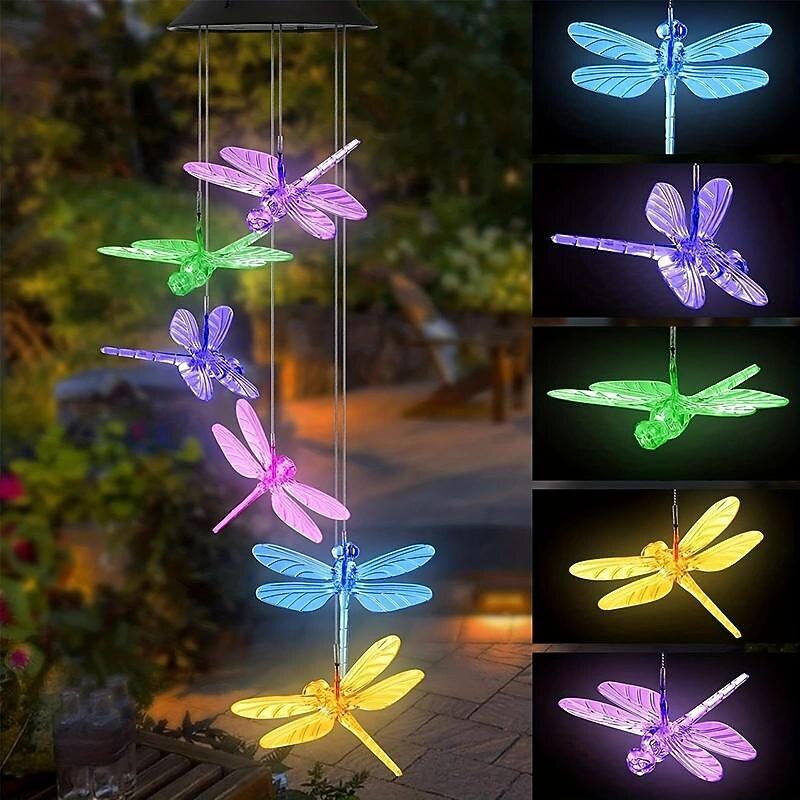Solar Wind Chimes Lights Waterproof Green Dragonfly Shape Color Changing Lights Romantic Wind Bell Light LED Solar Mobile Hanging Decor For Garden Patio