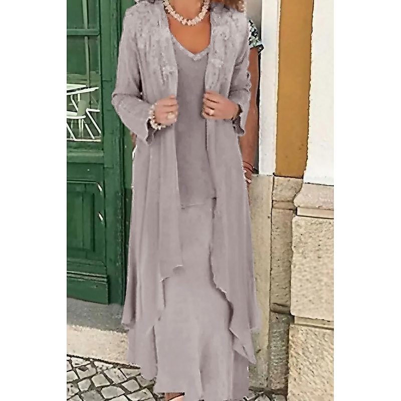 Beach Wedding Two Piece A-Line Mother of the Bride Dress Formal Wedding Guest Elegant Plus Size Casual V Neck Floor Length Lace Linen Cotton Blend Sleeveless Jacket Dresses with Appliques