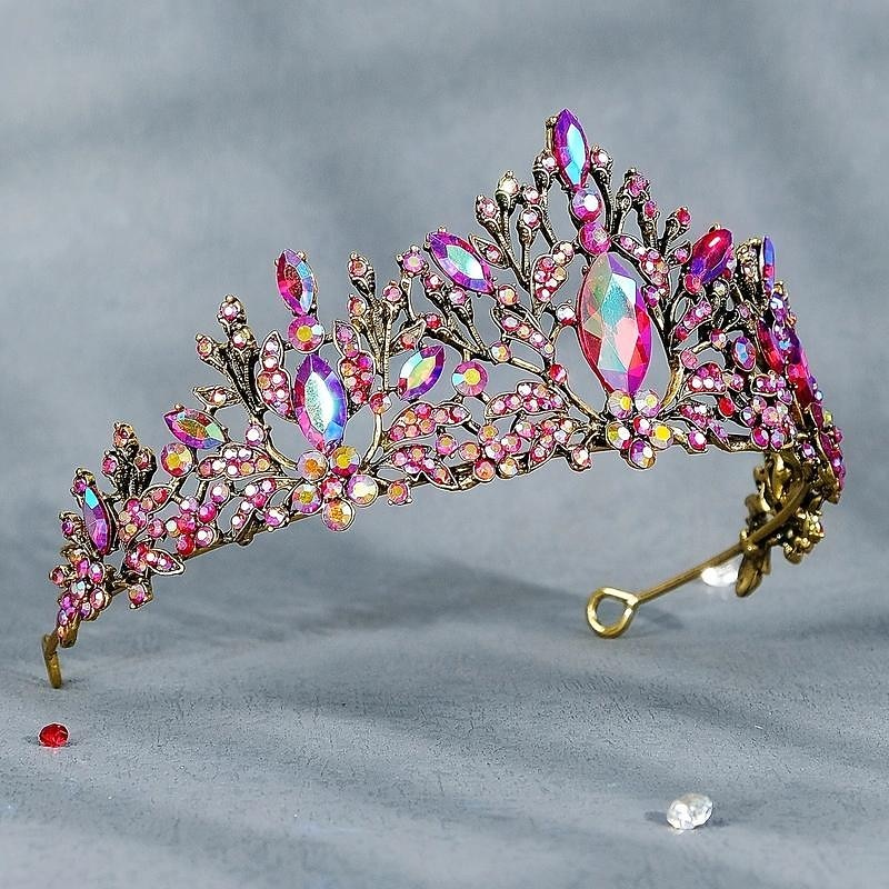 Tiara Crown For Women Girls, Pink Crystal Princess Crown Diadem, Wedding Tiara For Bride, Golden Hair Accessories For Birthday Prom Party Quinceanera Pageant3