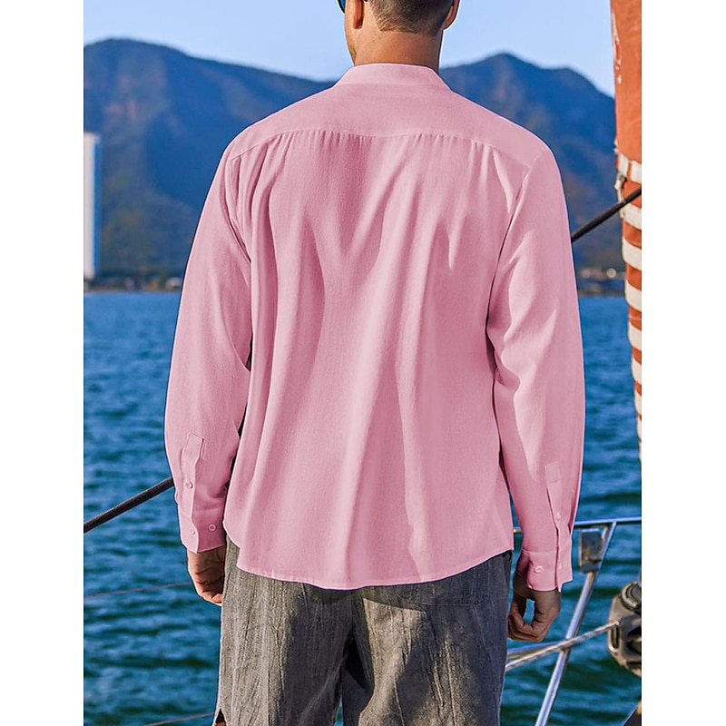 Men's Shirt Summer Shirt Beach Wear Casual Shirt Band Collar Shirt Button Up Shirt Plain Vacation Casual Black White Pink Green Long Sleeve Band Collar Spring & Summer Clothing Apparel3