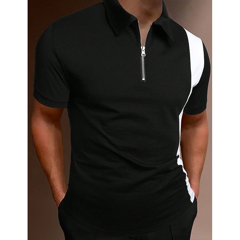 Men's Zip Polo Polo Shirt Casual Holiday Lapel Quarter Zip Short Sleeve Fashion Basic Color Block Quarter Zip Summer Regular Fit Black Red Brown Light Black Zip Polo3