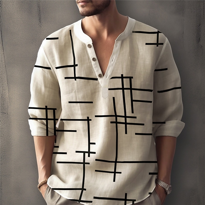 Men's Geometric Pattern Geometry Shirt Linen Shirt Button Up Shirt Long Sleeve Fashion Streetwear Designer Street Daily Summer Spring Fall Stand Collar Print White Pink Blue Purple Green2