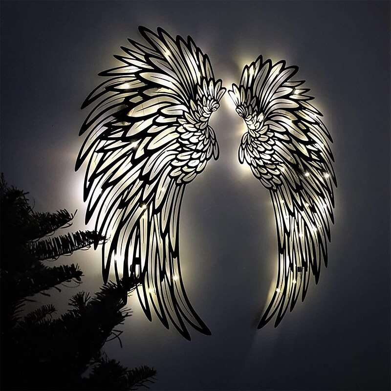Angel Wings Wall Art Decor with Lights, Metal 3D Angel Wings Wall Sculpture Art Indoor Outdoor Wall Hanging for Home Bedroom Living Room Garden Office3