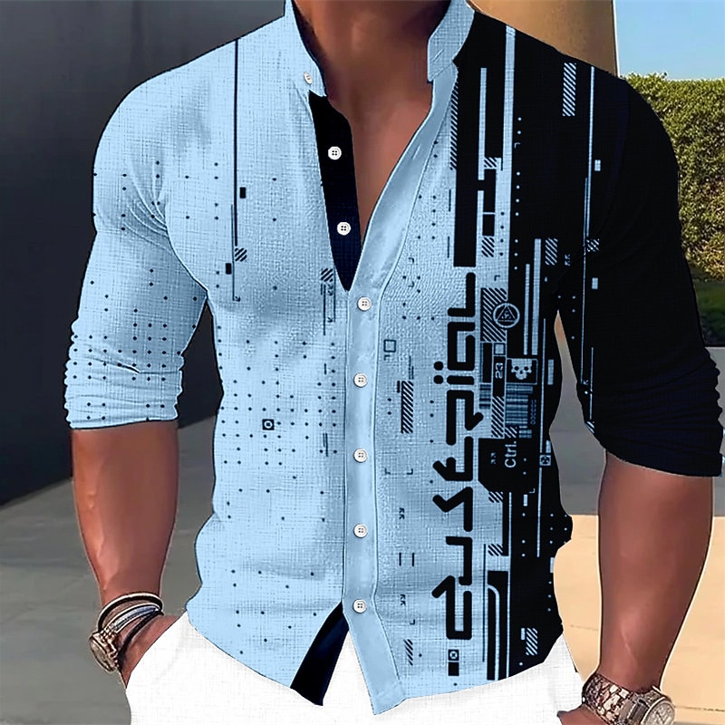 Men's Geometric Pattern Shirt Button Up Shirt Long Sleeve Fashion Streetwear Designer Outdoor Casual Daily Summer Spring Fall Stand Collar Print Blue-Green White Pink Blue Green4