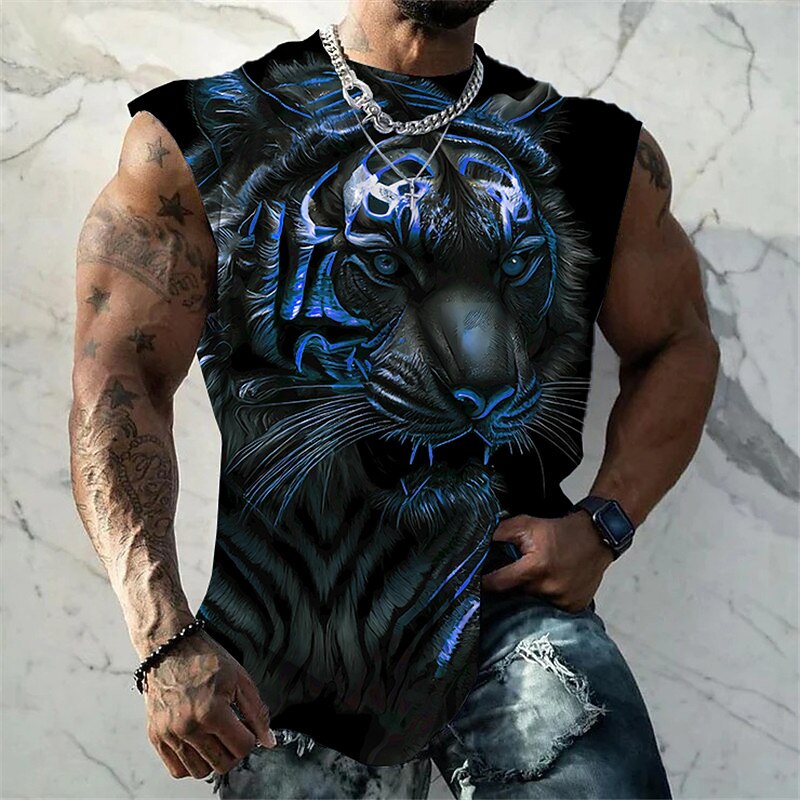 Men's Graphic Animal Tiger Vest Top Sleeveless T Shirt for Men Sleeveless T shirt 3D Print Crew Neck Shirt Fashion Designer Muscle Daily Sports Gym Blue Red Orange Spring & Summer Clothing Apparel S2