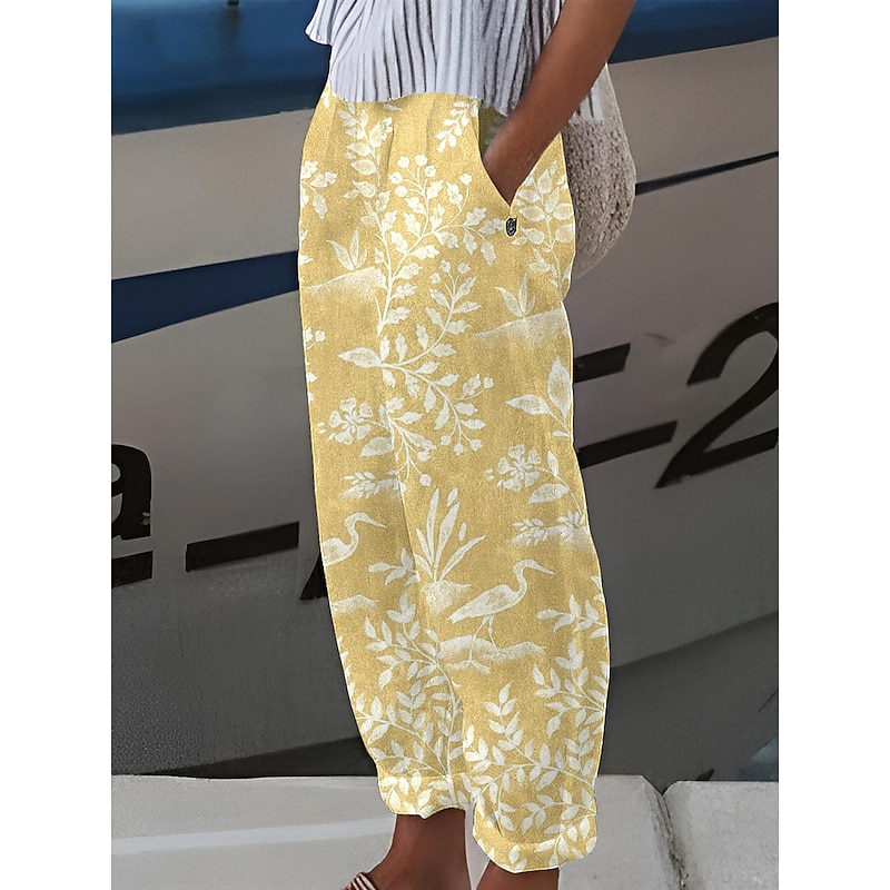 Women's Cotton Linen Pants Baggy Pants Linen Like Casual Comfort Full Length Mid Waist Plants Print Comfy Breathable Micro-elastic Light Yellow Light Pink Buff Transparent Blue Summer Spring Fall3