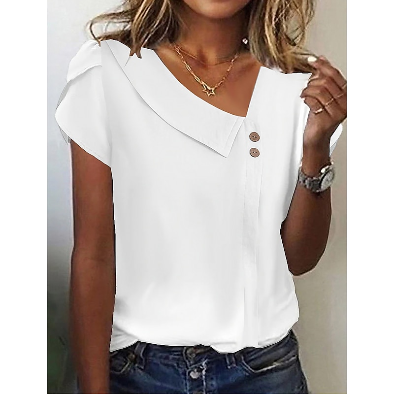 Women's Shirt Blouse Plain Soild Color Daily Basic Ruffle Short Sleeve Asymmetrical Neck White Summer