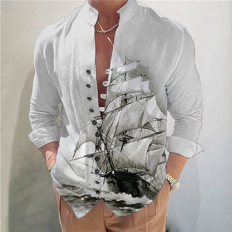 Men's Nautical Vintage Sailboat Shirt Button Up Shirt Long Sleeve Fashion Streetwear Designer Outdoor Casual Daily Summer Spring Fall Stand Collar Print Blue Brown Khaki Gray