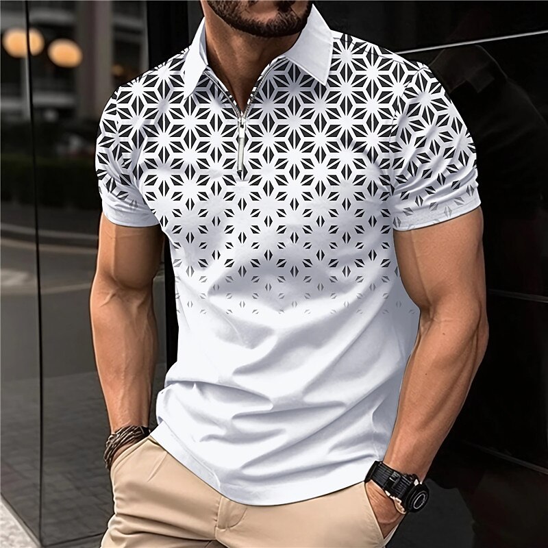 Men's Geometric Zip Polo Shirts Golf Shirt Short Sleeve Polo Shirts Collared Shirts Business Casual WorkWear Formal Wear Festival Wear 3D Print Quarter Zip Polo White Pink Blue