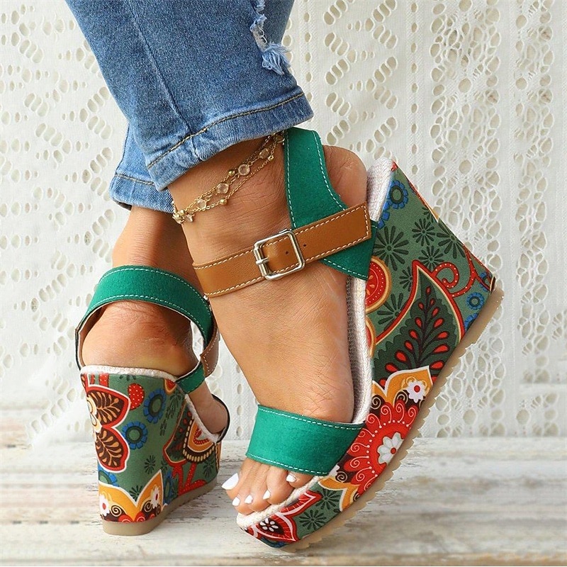 Women's Boho Floral Wedge Sandals – Open-Toe Platform Design with Adjustable Straps for Casual Summer Outfits3