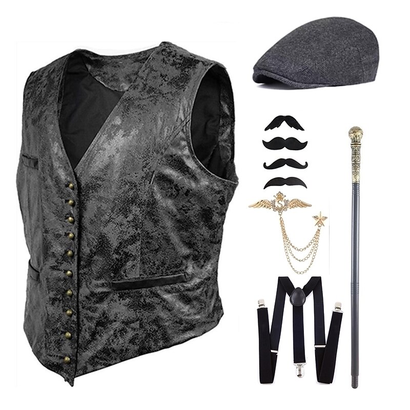 Vintage Roaring 20s 1920s Party Costume Vest Suspenders Sleeveless The Great Gatsby Gentleman Buckle Halloween Vintage Printing Button Down Collar Fancy Dress Men's Halloween Carnival Masquerade3