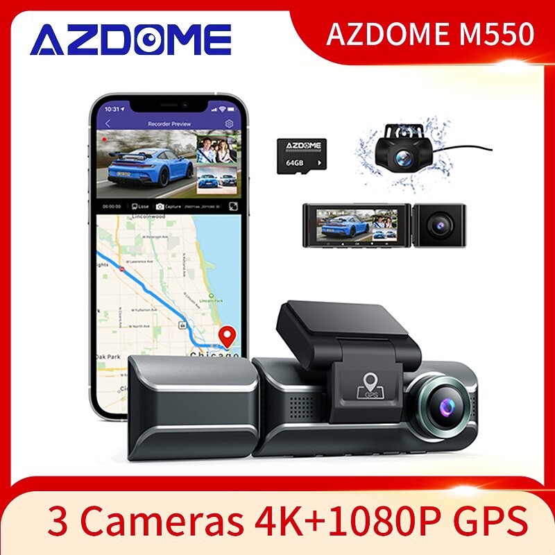 AZDOME M550 3 Channel Dash Cam, Front Inside Rear Three Way Car Dash Camera, 4K+1080P Dual Channel With GPS WiFi IR Night Vision