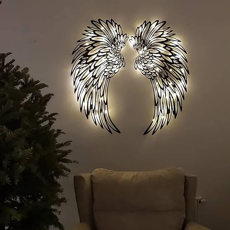 Angel Wings Wall Art Decor with Lights, Metal 3D Angel Wings Wall Sculpture Art Indoor Outdoor Wall Hanging for Home Bedroom Living Room Garden Office2