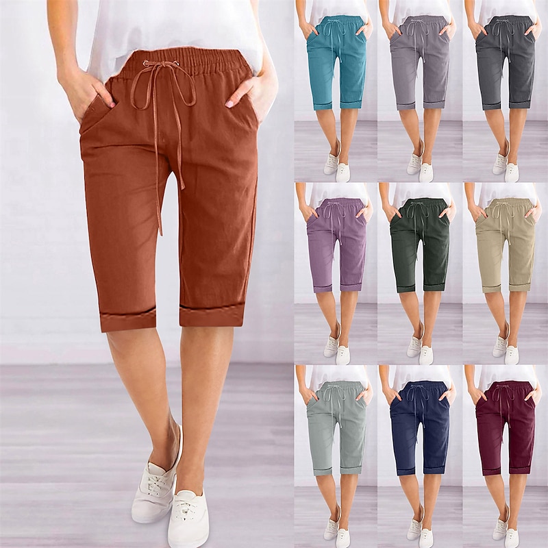 Women's Linen-Inspired Shorts Shorts Slacks Active Simple Casual Knee Length High Waist Plain Pocket Drawstring Elastic Waist Breathability Soft Comfortable Micro-elastic Vacation Casual Daily Weekend