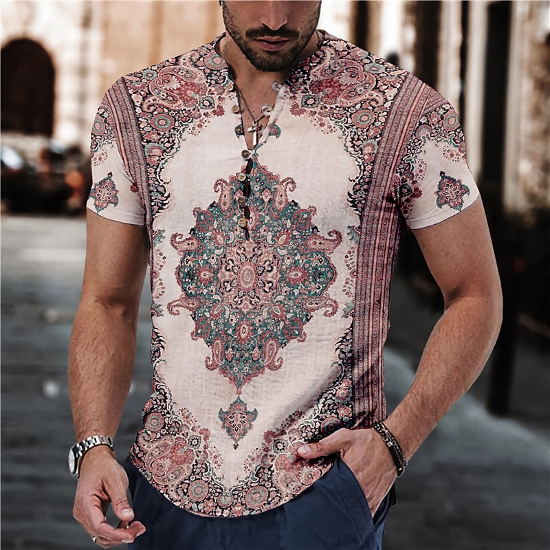 Men's Floral Tribal Vintage Shirt Linen Shirt Button Up Shirt Short Sleeve Fashion Streetwear Designer Outdoor Casual Daily Spring & Summer Stand Collar Print Pink Blue Green Khaki Gray4