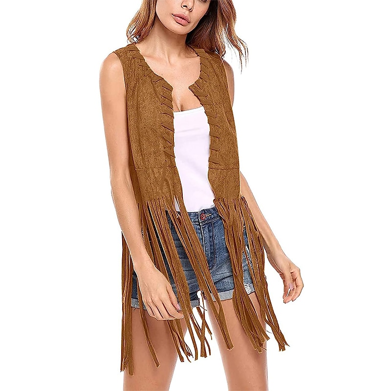 Hippie Vintage 1960s Hippie 1970s Suede Vest Women's Girls' Tassel Fringe Costume Vintage Cosplay Party / Evening Masquerade Casual Daily Sleeveless Vest Halloween3