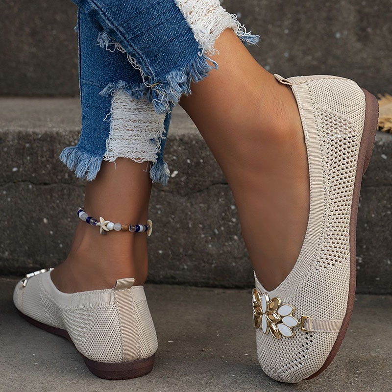 Women's Beige Knit Ballet Flats – Breathable Slip-On Shoes with Floral Embellishment for Casual Outings, Office, and Travel4