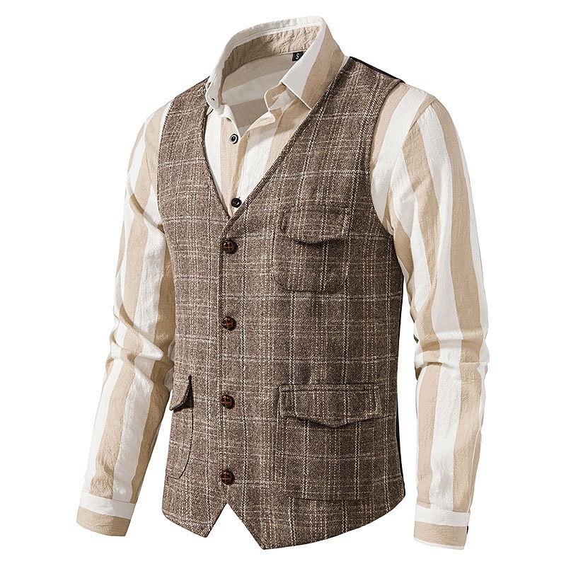 Men's Vest Waistcoat Daily Wear Vacation Going out Vintage British Spring &  Fall Button Polyester Comfortable Plaid Single Breasted Lapel Regular Fit Grey Black khaki Vest3