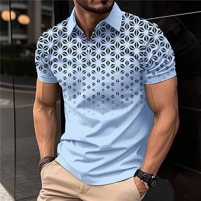 Men's Geometric Zip Polo Shirts Golf Shirt Short Sleeve Polo Shirts Collared Shirts Business Casual WorkWear Formal Wear Festival Wear 3D Print Quarter Zip Polo White Pink Blue2