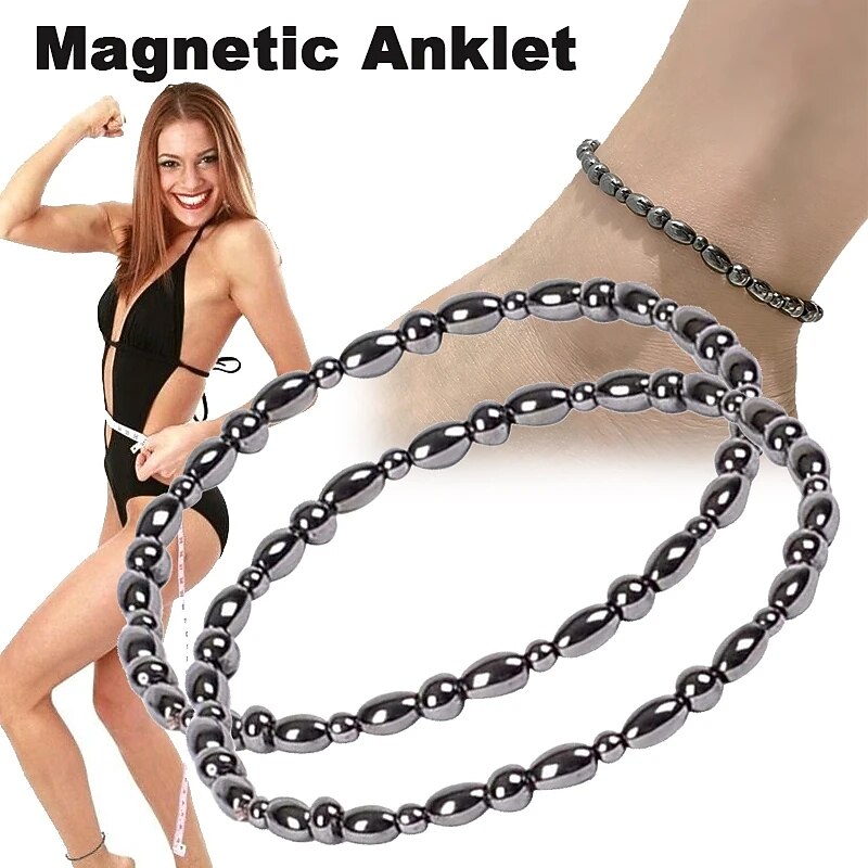 2Pcs Lose Weight Girl Women Men Charm Magnetic Black Stone Anklet Natural Black Obsidian Magnetic Therapy Anklet Slim Hematite Anklet2