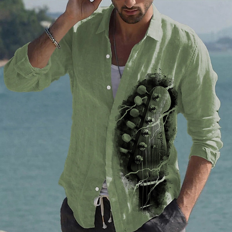 Men's Boardmasters Music Guitar Shirt Button Up Shirt Long Sleeve Fashion Streetwear Designer Outdoor Casual Daily Summer Spring Fall Turndown Print White Pink Brown Green3