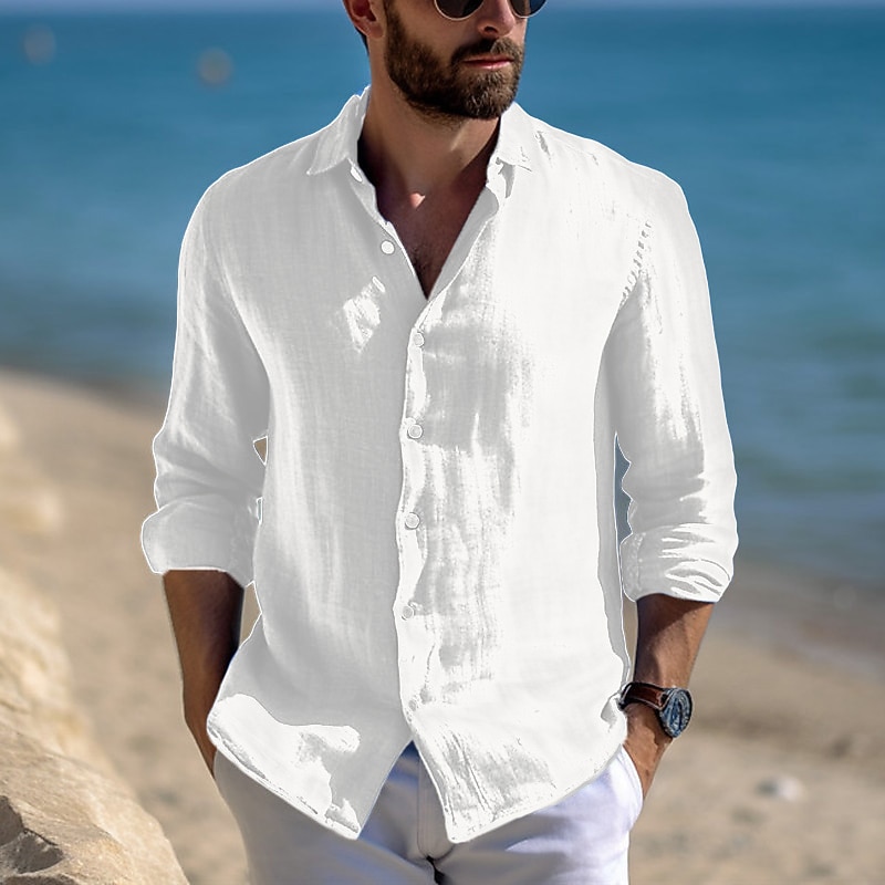 Men's Shirt Linen Shirt Summer Shirt Beach Wear Casual Shirt Button Up Shirt Plain Vacation Casual Black White Pink Blue Long Sleeve Lapel Spring & Summer Clothing Apparel3