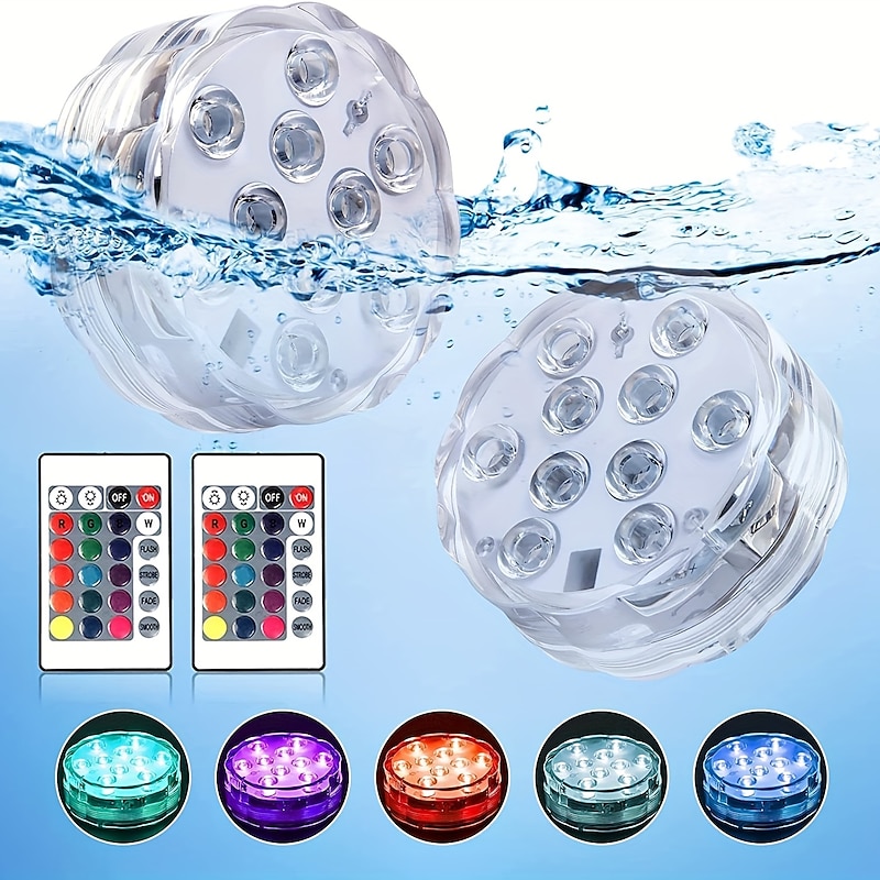 Outdoor Submersible LED Lights Waterproof 10 LED RGB Underwater Fishing Lamp Pond Fountain Lights Battery Operated Remote Control 16 Colors Pool Lights for Vase Aquarium Fish Tank