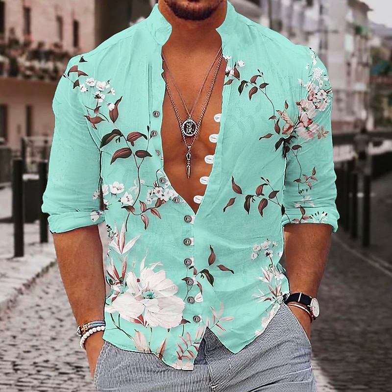 Men's Floral Butterfly Tropical Flowers Shirt Summer Hawaiian Shirt Aloha Shirt Long Sleeve Shirt Stand Collar Fashion Streetwear Designer Outdoor Street Casual Light Yellow Yellow Red S M L3