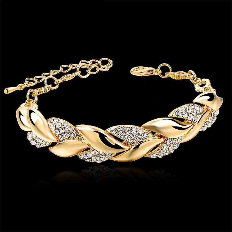 Women's Bracelets Fashion Full Diamond-Gold Leaf Bracelet Alloy Zirconia Jewelry for Girlfriend Valentines Mothers Jewelry Gifts