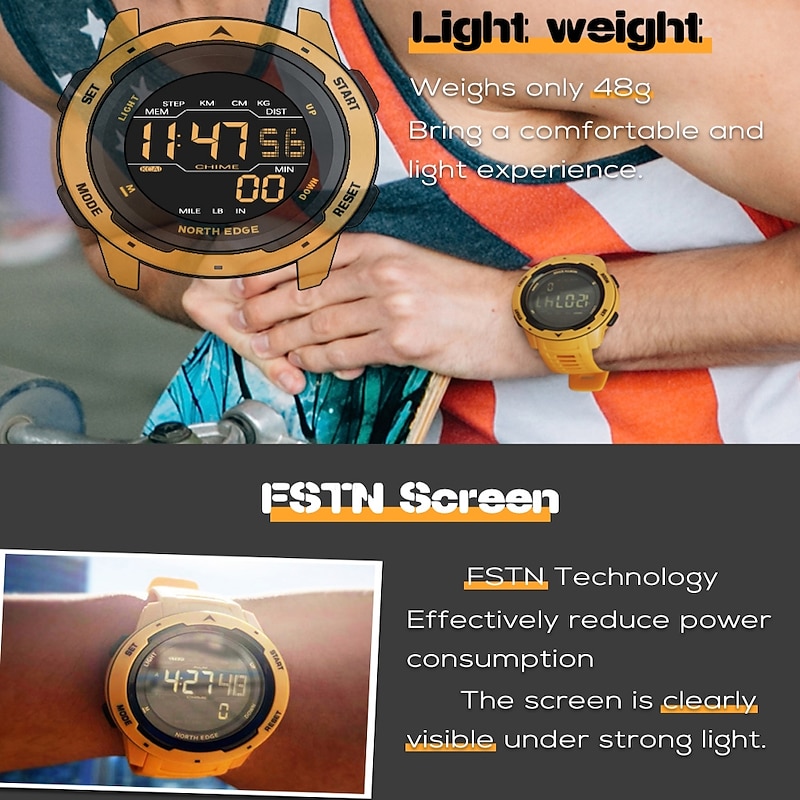 NORTH EDGE Men Digital Watch Men's Sports Watches Dual Time Pedometer Alarm Clock Waterproof 50M Digital Watch Military Clock3