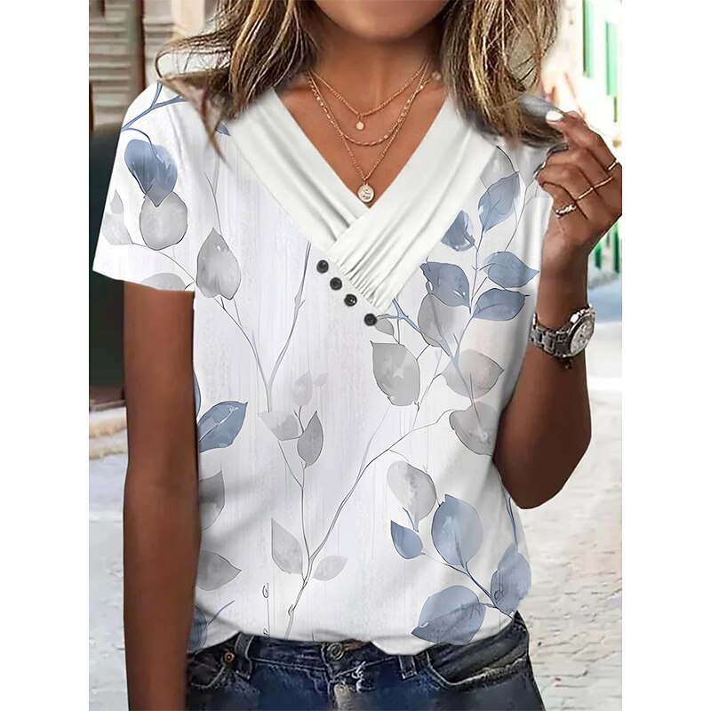 Women's T Shirt Graphic Elegant Fashion Basic Short Sleeve V Neck Regular Tops Daily Weekend Buttons Print Black White Pink Blue Green4
