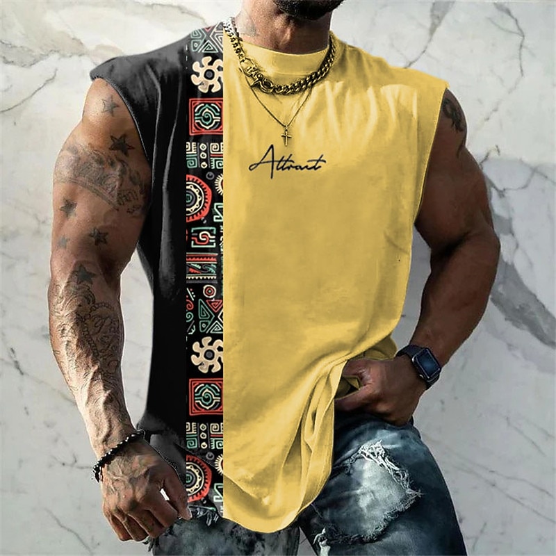 Men's Graphic Color Block Tribal Vest Top Sleeveless T Shirt for Men Sleeveless Cap Sleeve T shirt 3D Print Crew Neck Shirt Designer Ethnic Muscle Daily Sports Gym Black White Yellow Spring & Summer3