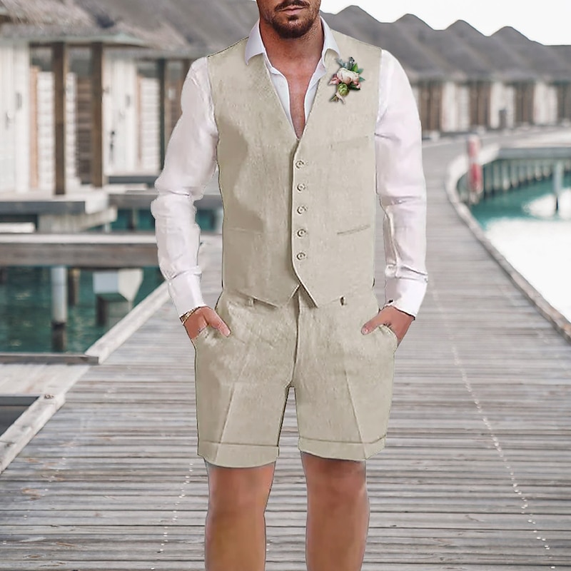Men's Wedding Linen Suits V Neck Champagne Sky Blue Solid Colored Tailored Fit 2 Piece