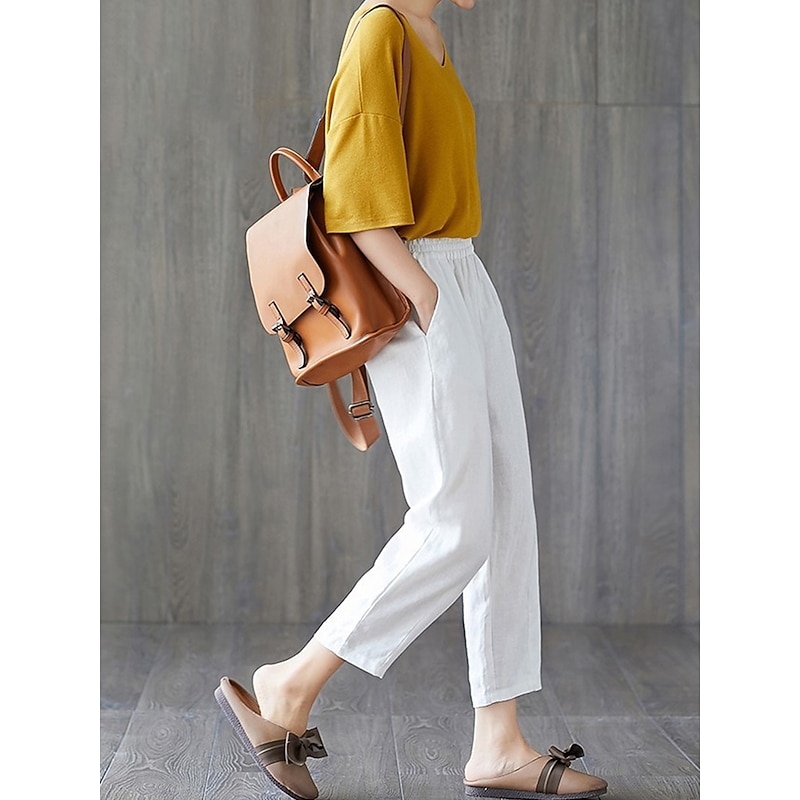 Women's Cotton Linen Shorts Capri shorts Baggy Pants Streetwear Casual Comfort Capris Mid Waist Plain Pocket Baggy Elastic Drawstring Design Comfort Breathability Soft Micro-elastic Vacation Casual2