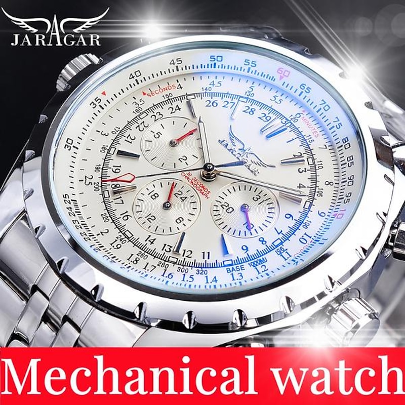 JARAGAR Mechanical Watch for Men Aviator Series Military True Men Sport Automatic Watch Luxury Stainless Steel Mechanical Male Clock Hour Luminous Wristwatch Blue Glass2