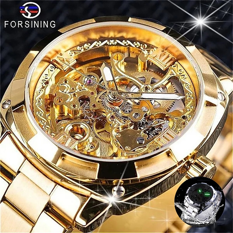 FORSINING Men Mechanical Watch Luxury Large Dial Fashion Business Hollow Skeleton Automatic Self-winding Luminous Waterproof Stainless Steel Watch