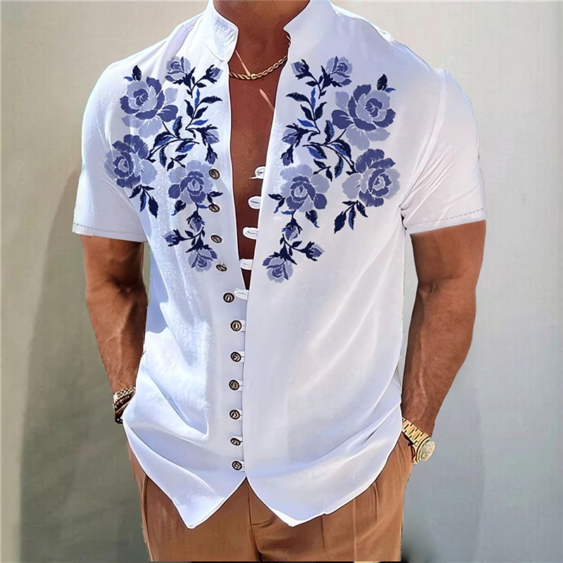 Men's Floral Shirt Button Up Shirt Short Sleeve Fashion Streetwear Designer Vacation Street Daily Summer Spring Stand Collar Print Blue-Green Yellow Blue Purple Green