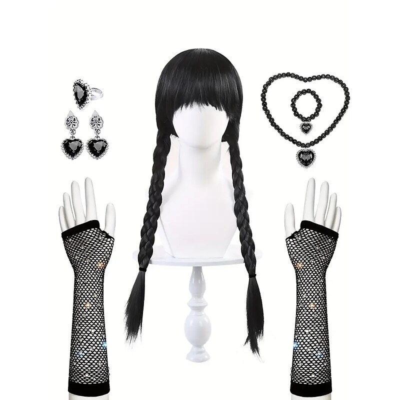 Gothic Horror Dark Academia Cosplay Wigs Tulle Dresses Accessories Set Punk & Gothic Movie Cosplay for Girls' Kid's Carnival Children's Day Masquerade4