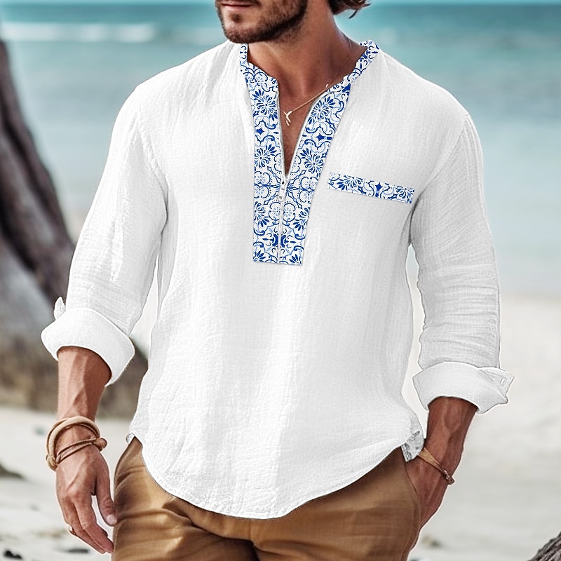 Men's Shirt Casual Shirt Summer Shirt Beach Shirt White Pink Navy Blue Blue Gray Long Sleeve Patchwork Half Zip Daily Vacation Front Pocket Clothing Apparel Fashion Casual Comfortable2