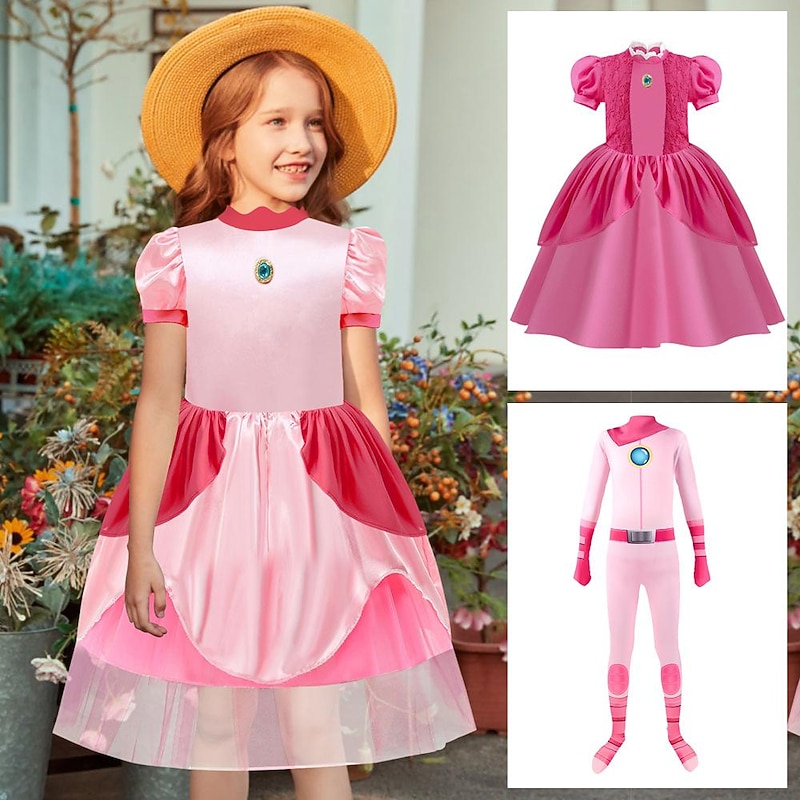 Mario Princess Peach Zentai Suits Cosplay Costume Flower Girl Dress Movie Cosplay for Girls' Kid's Carnival
