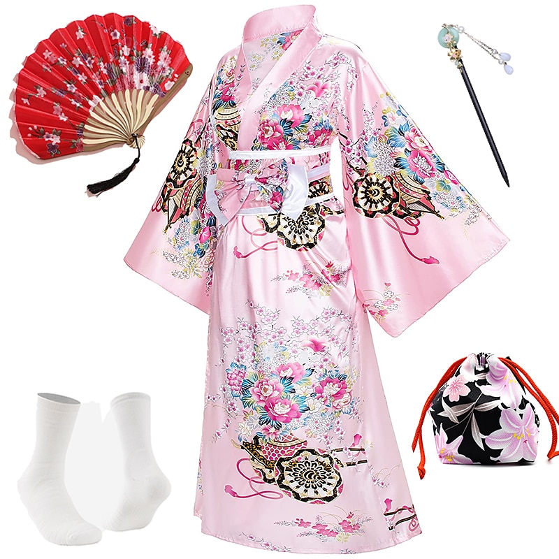 Japanese Anime Women's Kimono Robe Geisha Yukata Sweet Dress Blossom Satin Bathrobe Sleepwear Fans Socks Hair Accessories Purse 5 PCS4