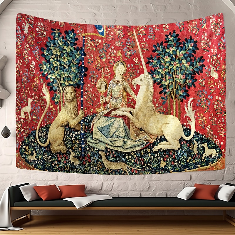 Lady and the Unicorn Medieval Tapestry Middle Age Tapestry Vintage Wall Art Large Tapestry Mural Decor Photograph Backdrop Blanket Curtain Home Bedroom Living Room Decoration