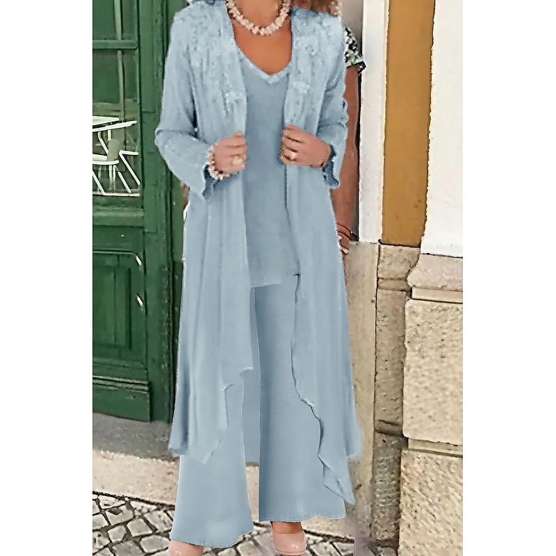 Beach Wedding Pantsuit 3 Piece Mother of the Bride  Wedding Guest Elegant Party V Neck Floor Length Lace Linen Cotton Blend Sleeveless Jacket es with Beading Appliques