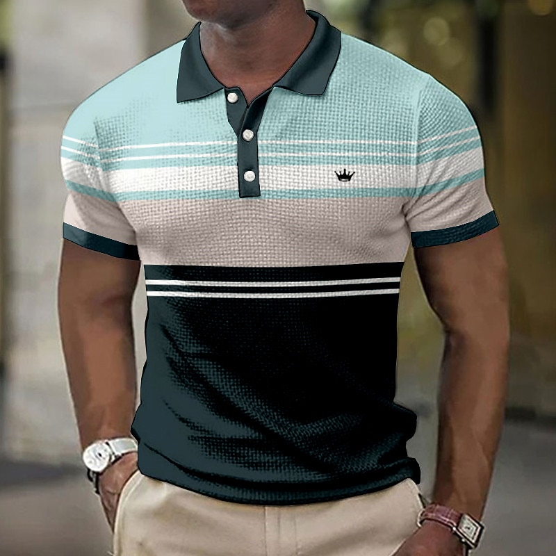 Men's Striped Waffle Polo Shirts Golf Shirt Short Sleeve Polo Shirts Collared Shirts Business Casual WorkWear Formal Wear Festival Wear Buttons 3D Print Pink Blue Green4