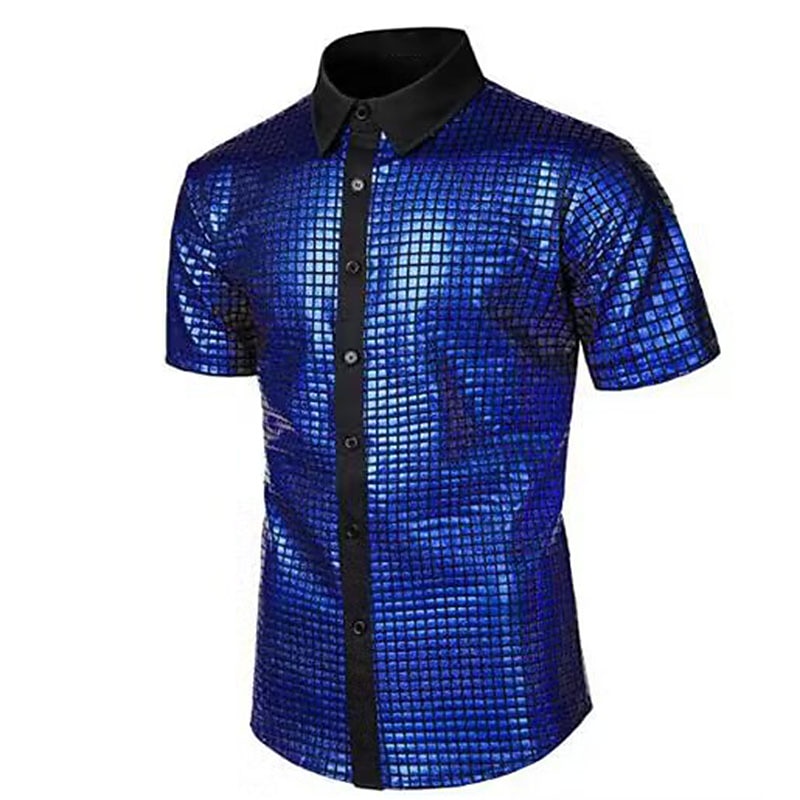 Men's Prom Shirt Disco Shirt Tuxedo Shirts Plain Formal Evening Birthday Party Black Yellow Blue Rainbow Short Sleeve Lapel Summer Spring Clothing Apparel Sequins3
