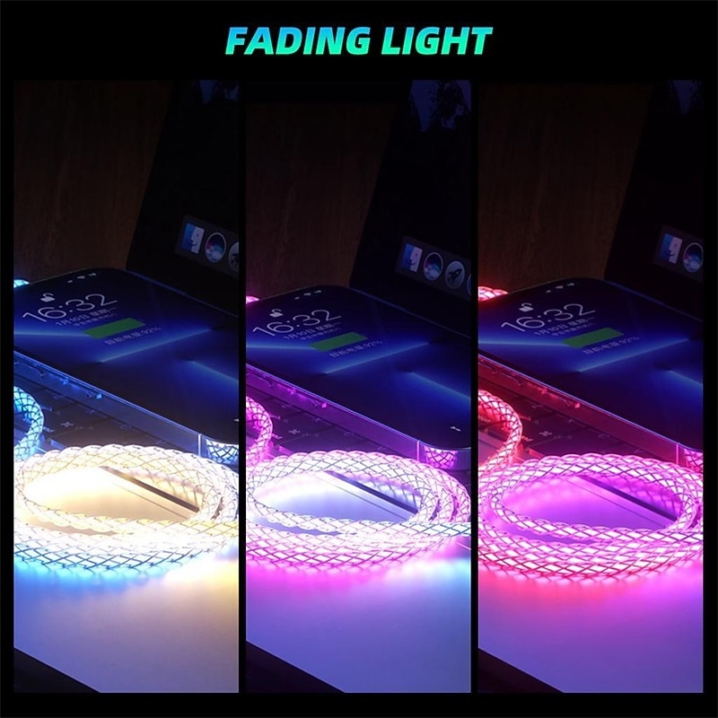 Fast Charging RGB Cable 100W Breathing Light 66W Type C USB C Data Cable for iPhone Samsung Android Micro 30W Quick Charge Cable4