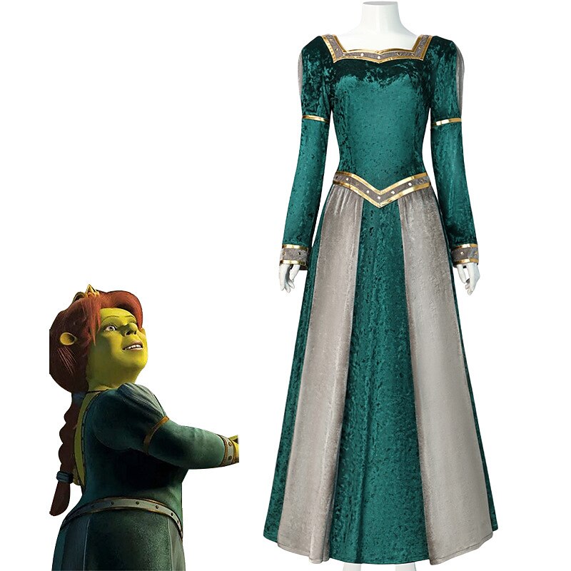 Princess Fiona Dress Monster Shrek Vintage Medieval Renaissance Dress Cosplay Costume Women's Movie Cosplay Party Green Dress Halloween Carnival Masquerade With Wig3