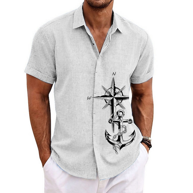 Men's Nautical Anchor Vintage Shirt Button Up Shirt Short Sleeve Vintage Fashion Designer Outdoor Casual Summer Spring Turndown Print White Blue Green Khaki Gray