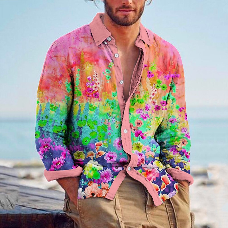 Men's Floral Tropical Flowers Shirt Summer Hawaiian Shirt Aloha Shirt Long Sleeve Shirt Turndown Fashion Streetwear Designer Outdoor Street Casual Pink Purple S M L2